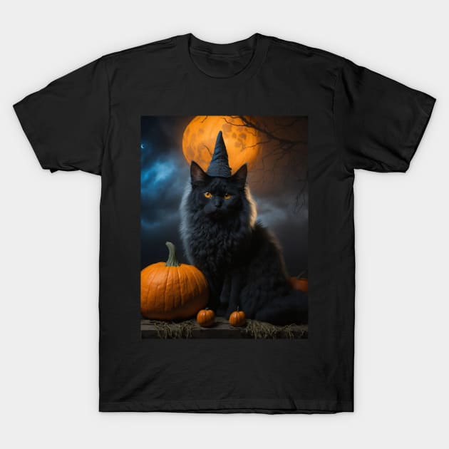 A sleek black witch cat on Halloween night T-Shirt by Love of animals